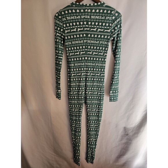 Victoria’s Secret PINK Thermal Pajama Jumpsuit Green Fair Isle Womens Size XS - Picture 2 of 4